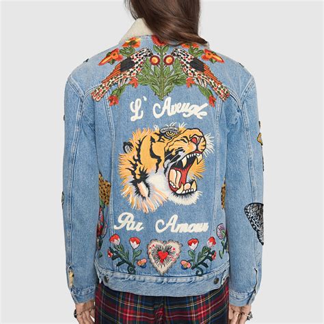 gucci tiger patch jacket|Gucci denim jacket with embroideries.